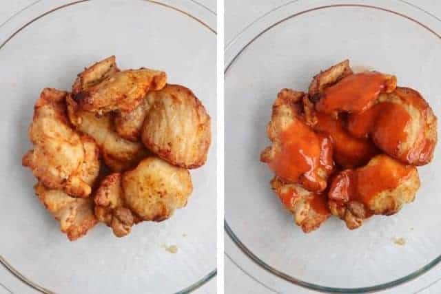 baked chicken thighs in a glass bow before and after being smothered in Buffalo sauce