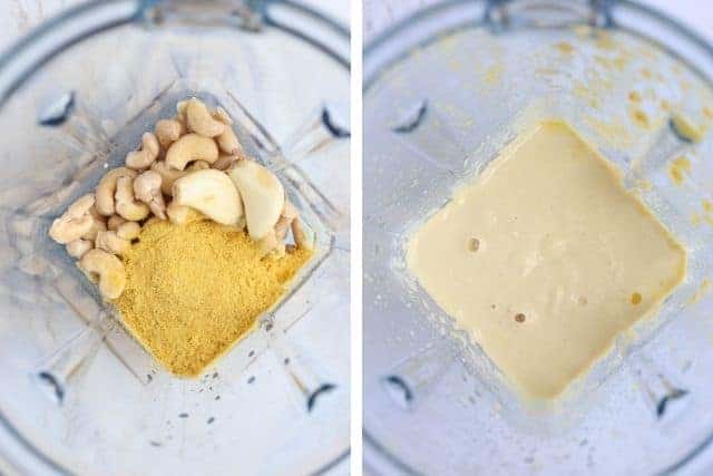 creamy cashew sauce in a blender, before and after blending.
