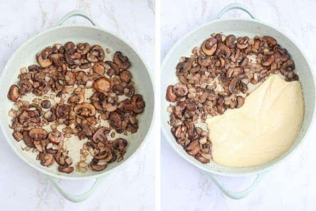 cooking mushrooms in a skillet, before and after adding cashew cream.