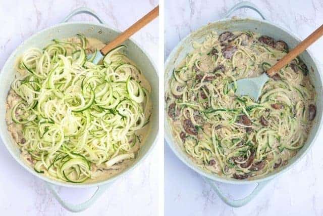 spiralized zucchini cooking with creamy mushroom sauce.