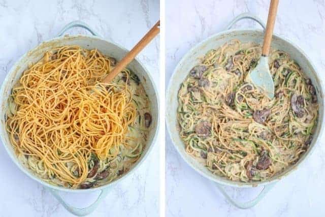 creamy mushroom zucchini spaghetti in a light blue pot, two photos side by side.