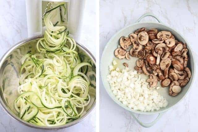 spiralized zucchini and cooking mushrooms and onions, side by side.