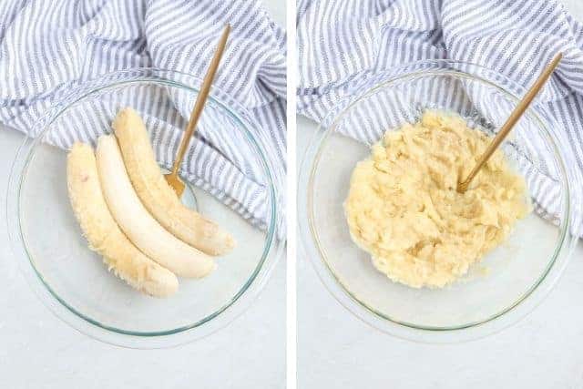 mashing bananas in two steps in a glass bowl.