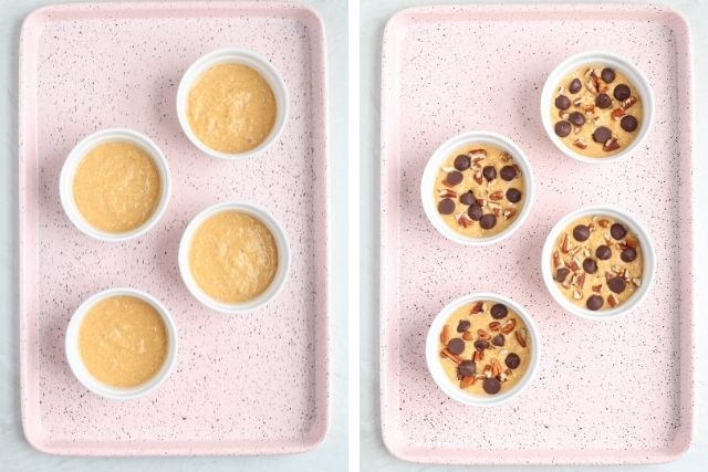 four white ramekins with blended pumpkin oats before and after baking on a pink baking tray
