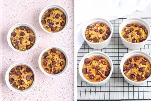 pumpkin blended baked oats in white ramekins after baking on a pink baking try on the left and on a cooling rack on the right