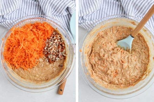 banana carrot oat muffin batter with added shredded carrots and chopped pecans.