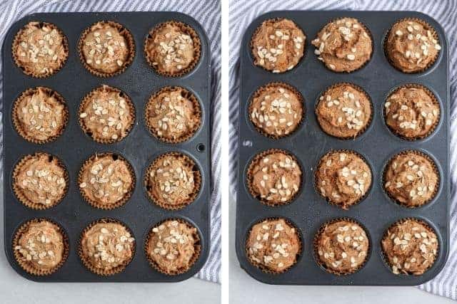 banana carrot oat muffins before and after baking.