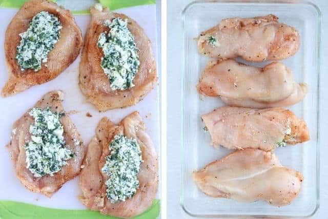 stuffing chicken breasts with spinach ricotta mixture in two steps.