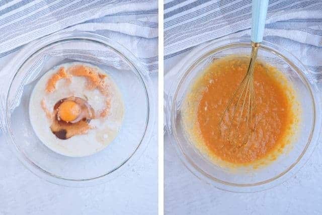 mixing wet ingredient to make sweet potato muffins in a glass bowl in two steps.