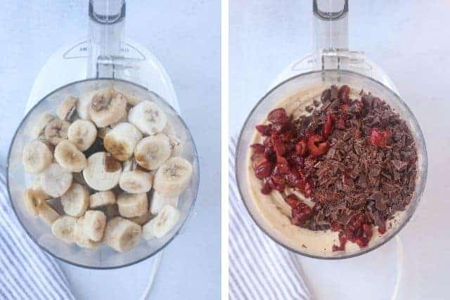 making cherry chocolate banana nice cream in the food processor in two steps. 
