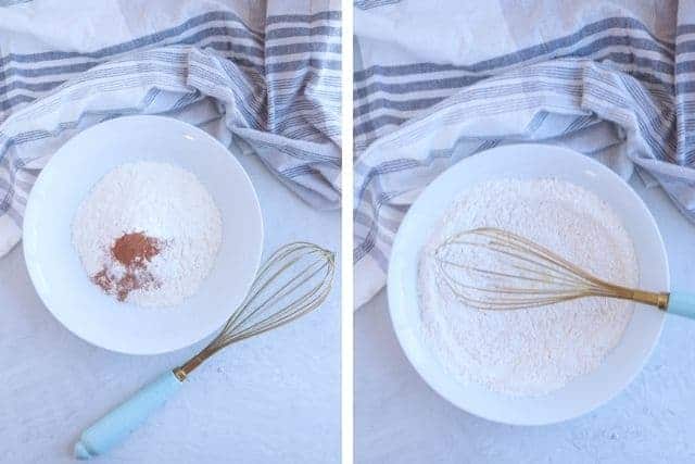 mixing dry ingredient to make sweet potato muffins in a glass bowl in two steps.