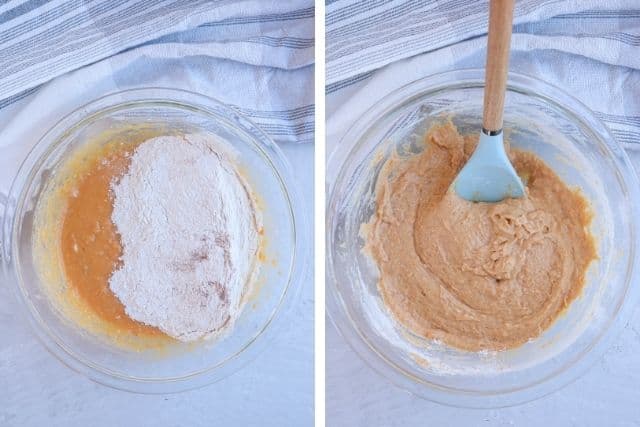 mixing wet and dry ingredients to make sweet potato muffins in a glass bowl in two steps.