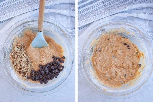 mixing batter with chocolate chips and walnuts to make sweet potato muffins in a glass bowl in two steps.