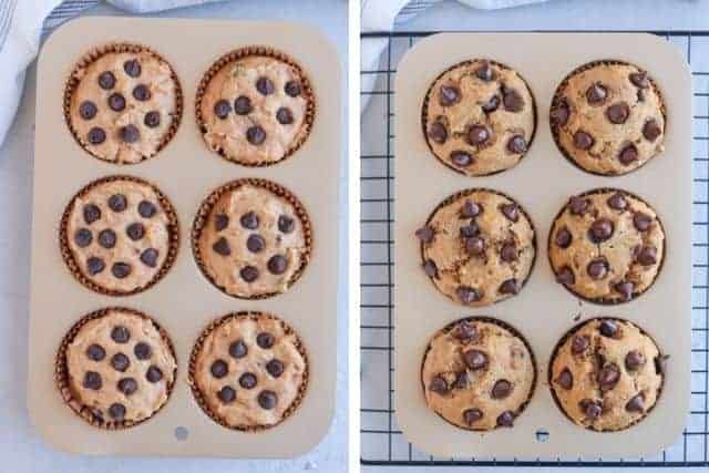 baking 6 sweet potato chocolate chip muffins, before and after shots.