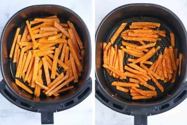 air frying butternut squash fries in two steps. 