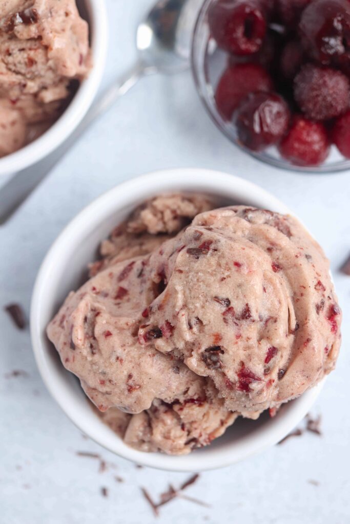 chocolate cherry nice cream in a small white bowl.