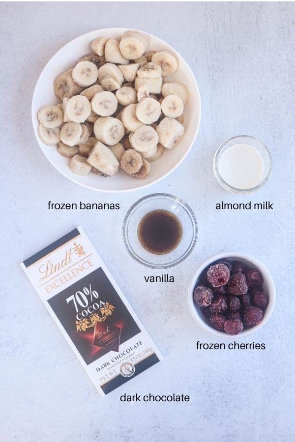 cherry chocolate nice cream ingredients with captions.