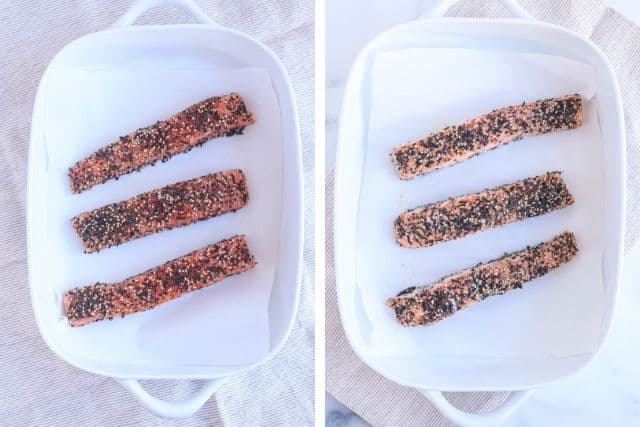 3 pieces of salmon with furikake seasoning in a white baking dish before and after baking