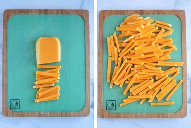 cutting butternut squash into fries on a green cutting board in two steps.