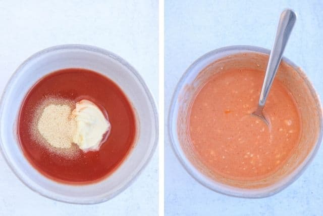 making marinade for Buffalo chicken tenders using hot sauce, mayo and garlic powder