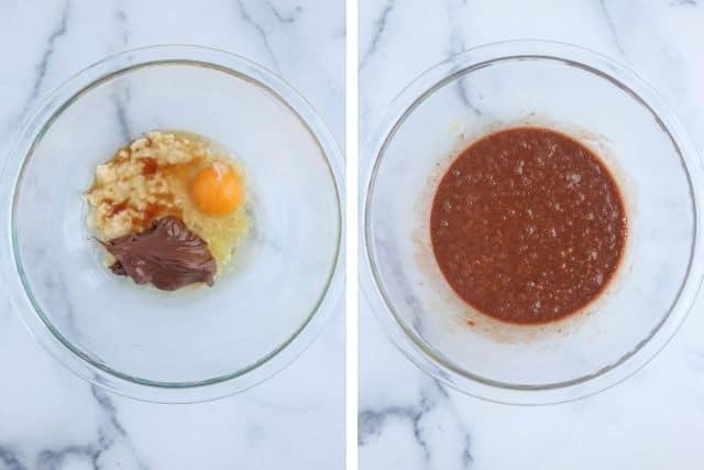 wet ingredients of banana Nutella oatmeal cookies in a glass bowl before and after mixing