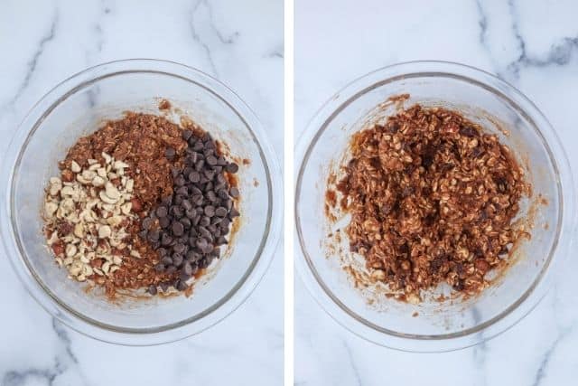 adding chocolate chips and chopped hazelnuts to banana nutella oatmeal cookie dough