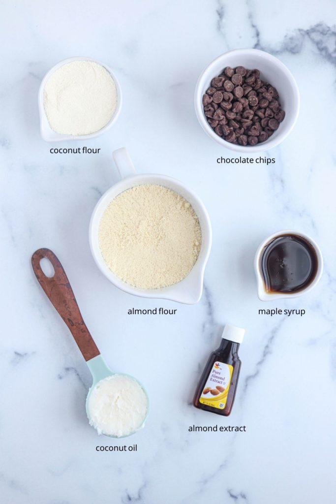 vegan shortbread cookies ingredients on white marble surface. 
