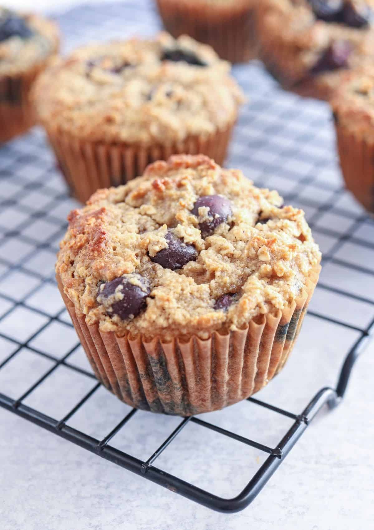 banana blueberry oatmeal muffins on a cooling rack