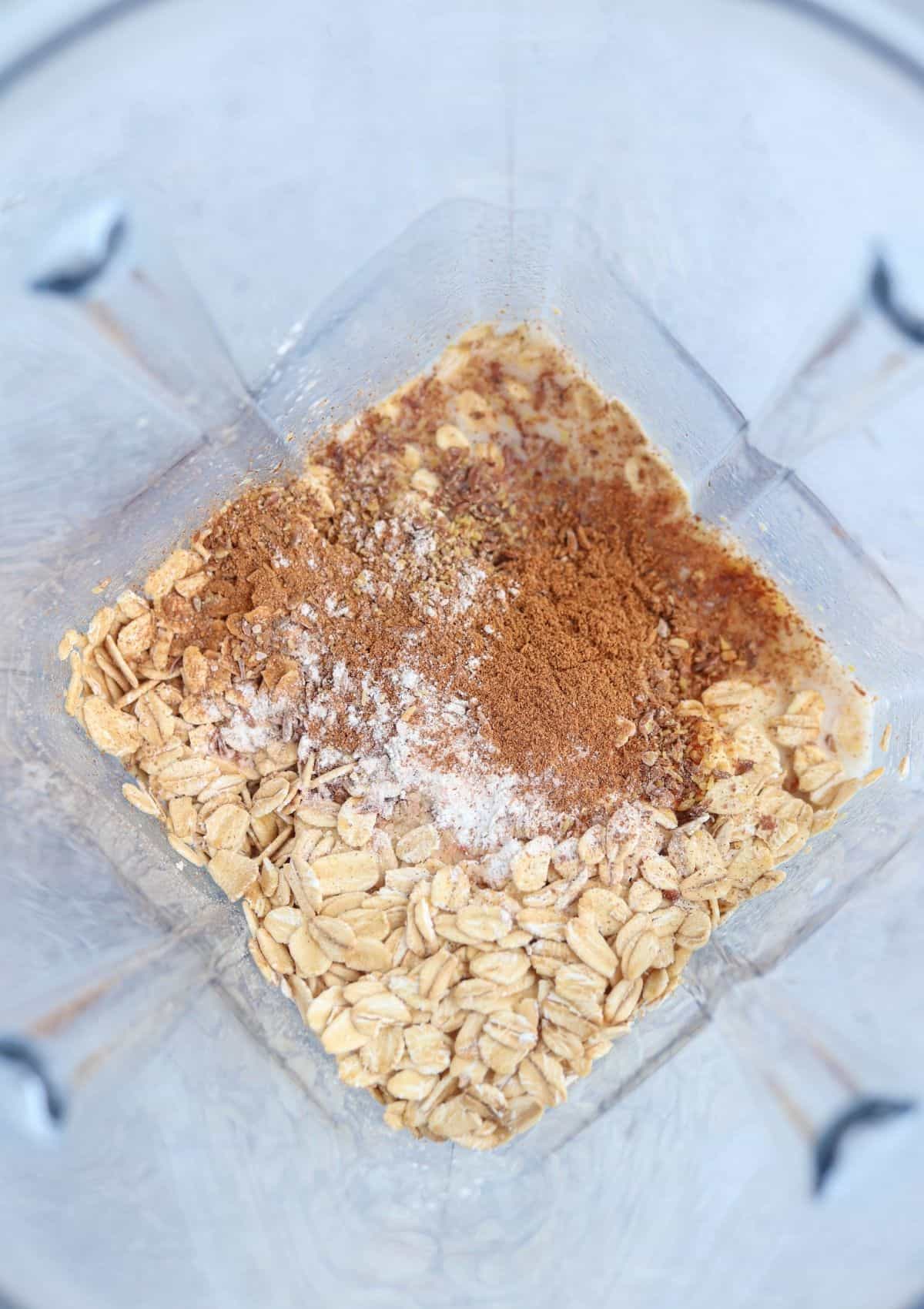 oats cinnamon and baking powder in a blender.