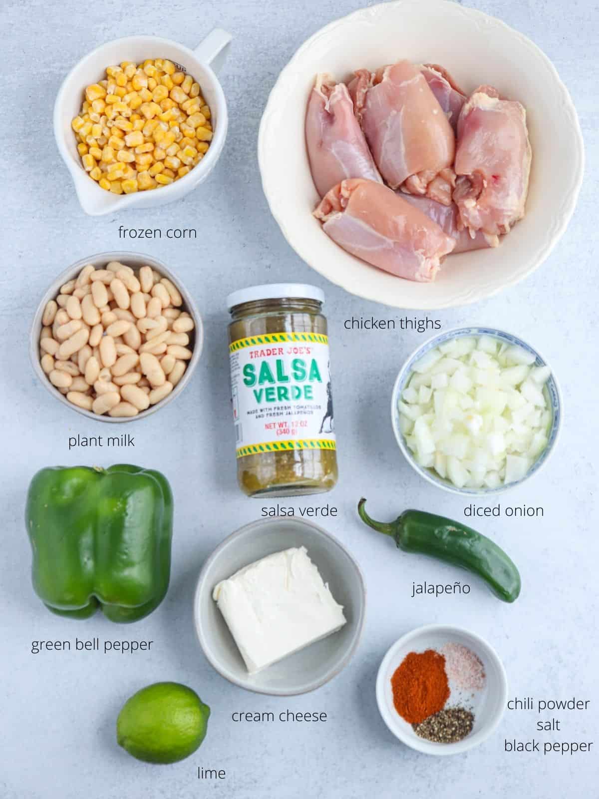 green chicken chili ingredients laid out on a gray surface.