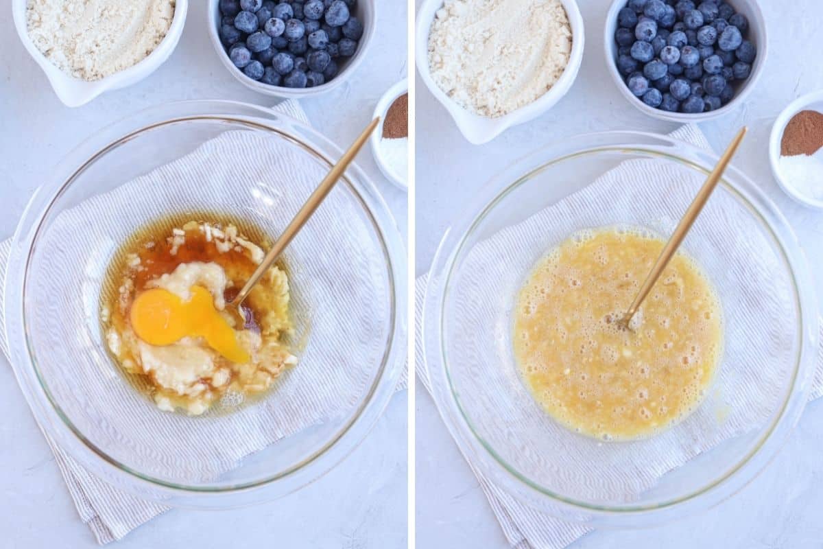 banana blueberry oatmeal muffins wet ingredients in a bowl, before and after mixing.