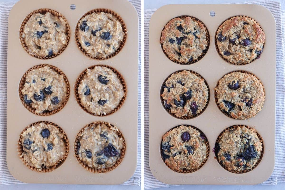 making 6 banana blueberry oatmeal muffins in a muffin tin before and after baking.