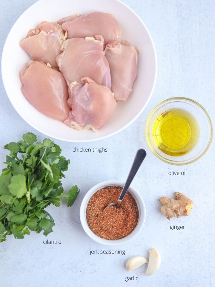 jerk chicken ingredients on light gray surface with captions.