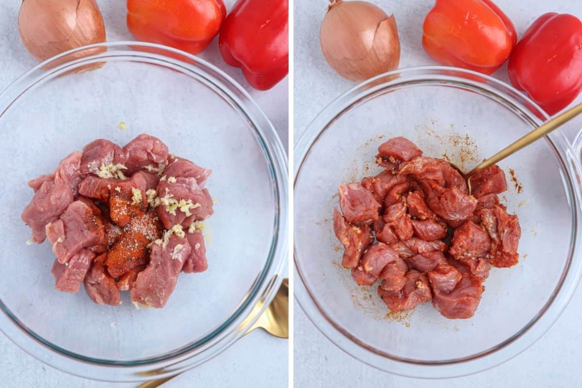 pork cubes marinading in a glass bowl, before and after photos.