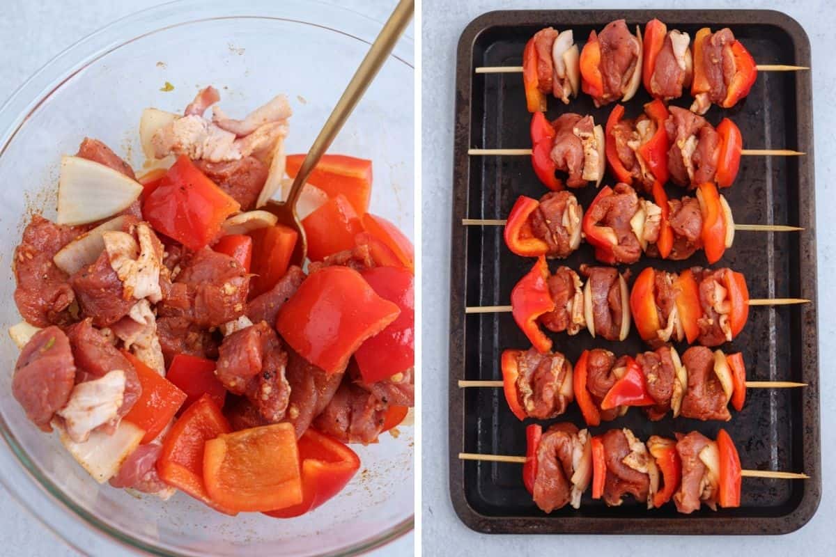 making pork shish kebabs by mixing pork and veggies in a bowl and second photo shows raw skewers before cooking.