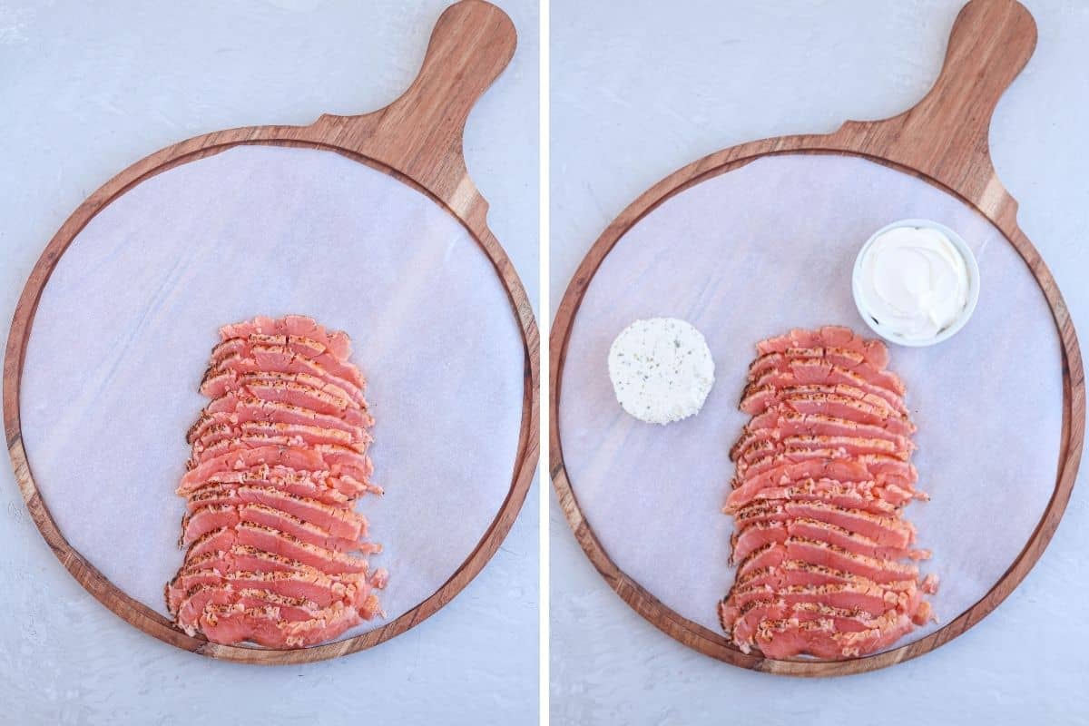 two stages of assembling smoked salmon charcuterie board, side by side photos.