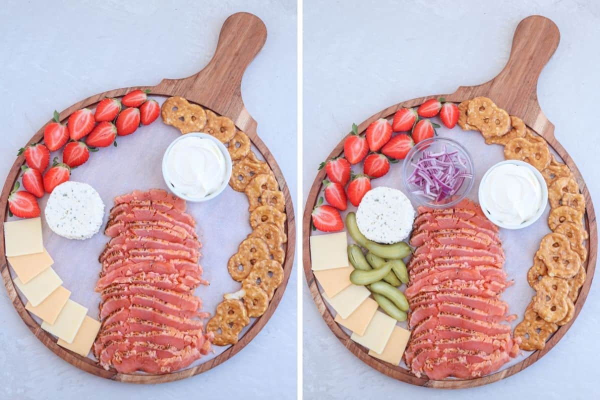 two stages of assembling smoked salmon charcuterie board, side by side photos.