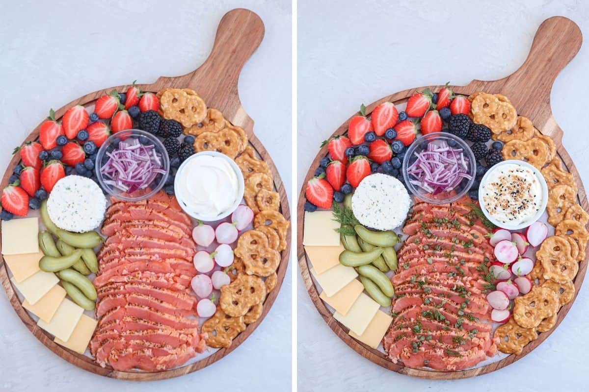 final two two stages of assembling smoked salmon charcuterie board, side by side photos.