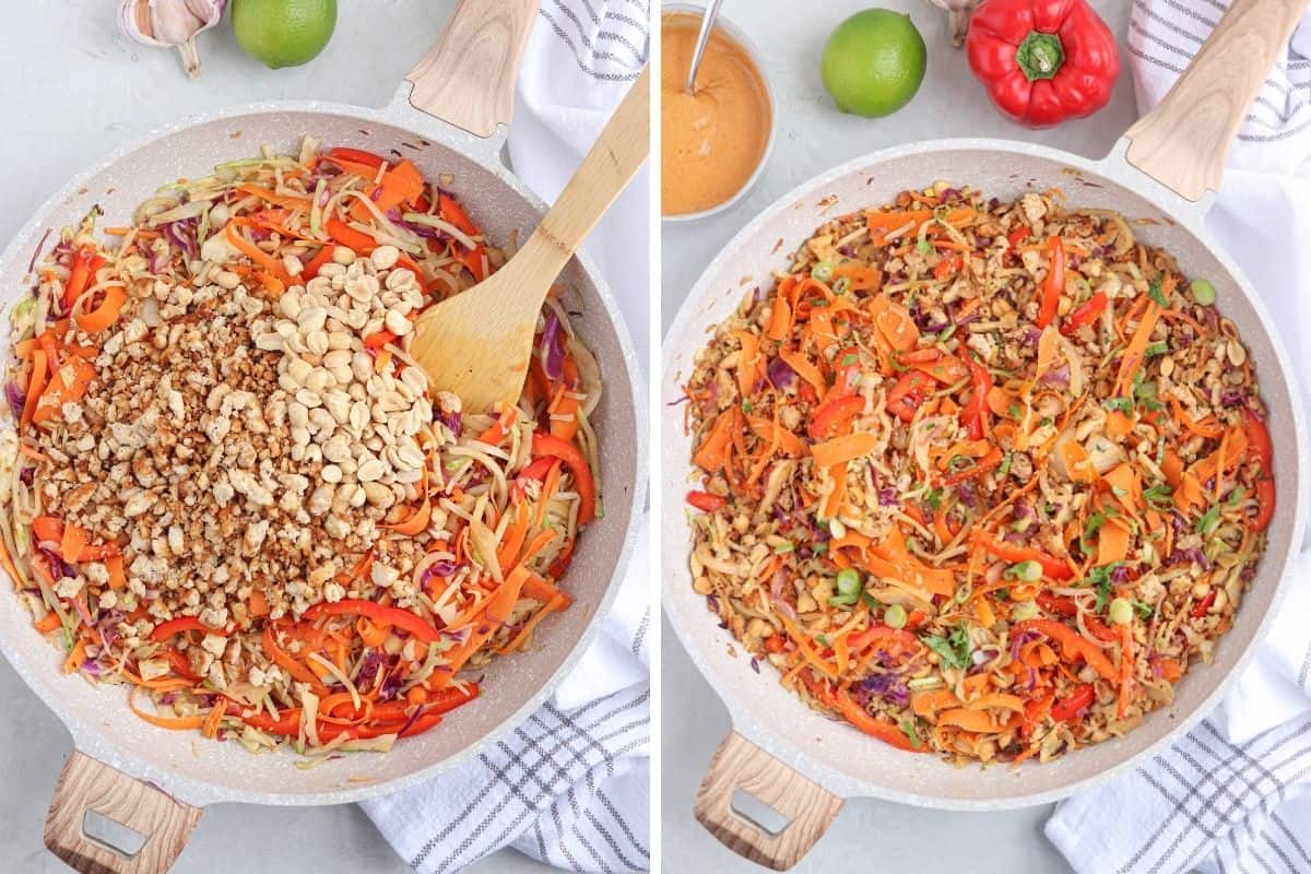 cooking vegan egg roll in a bowl in a skillet, before and after mixing in tofu crumbles and peanuts.