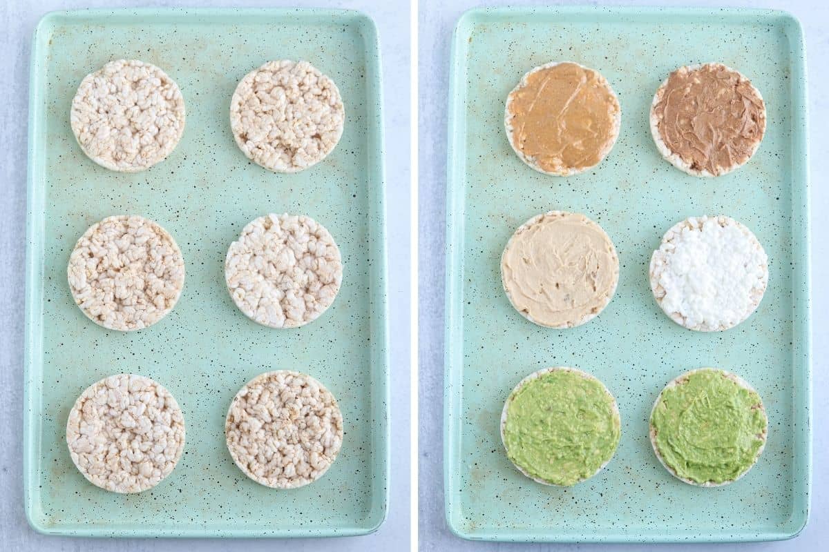 making six rice cake snacks, before and after putting spreads on.