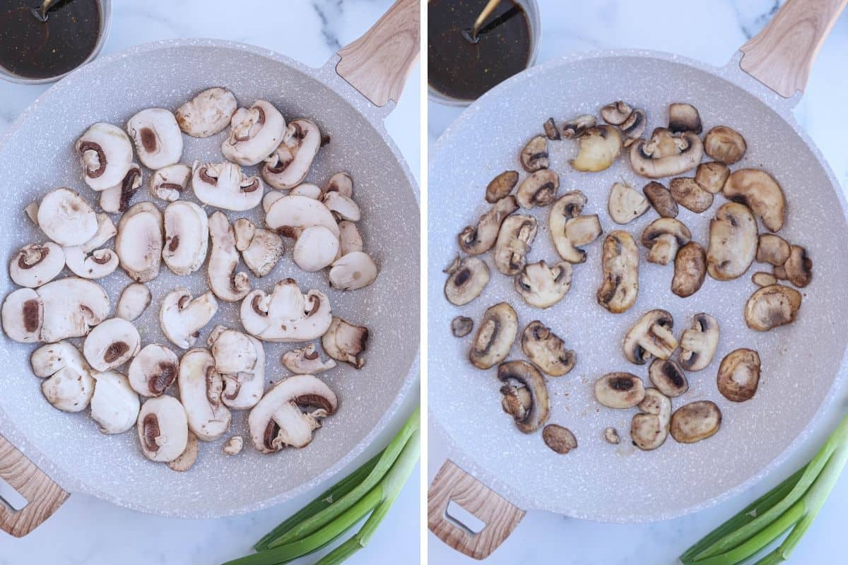 cooking mushrooms in a skillet, before and after cooking.