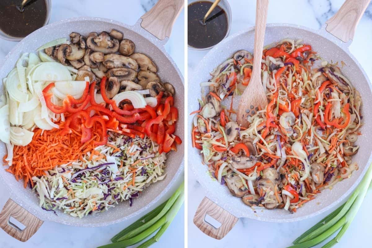 steps of making udon noodle stir-fry with vegetables in a large skillet.