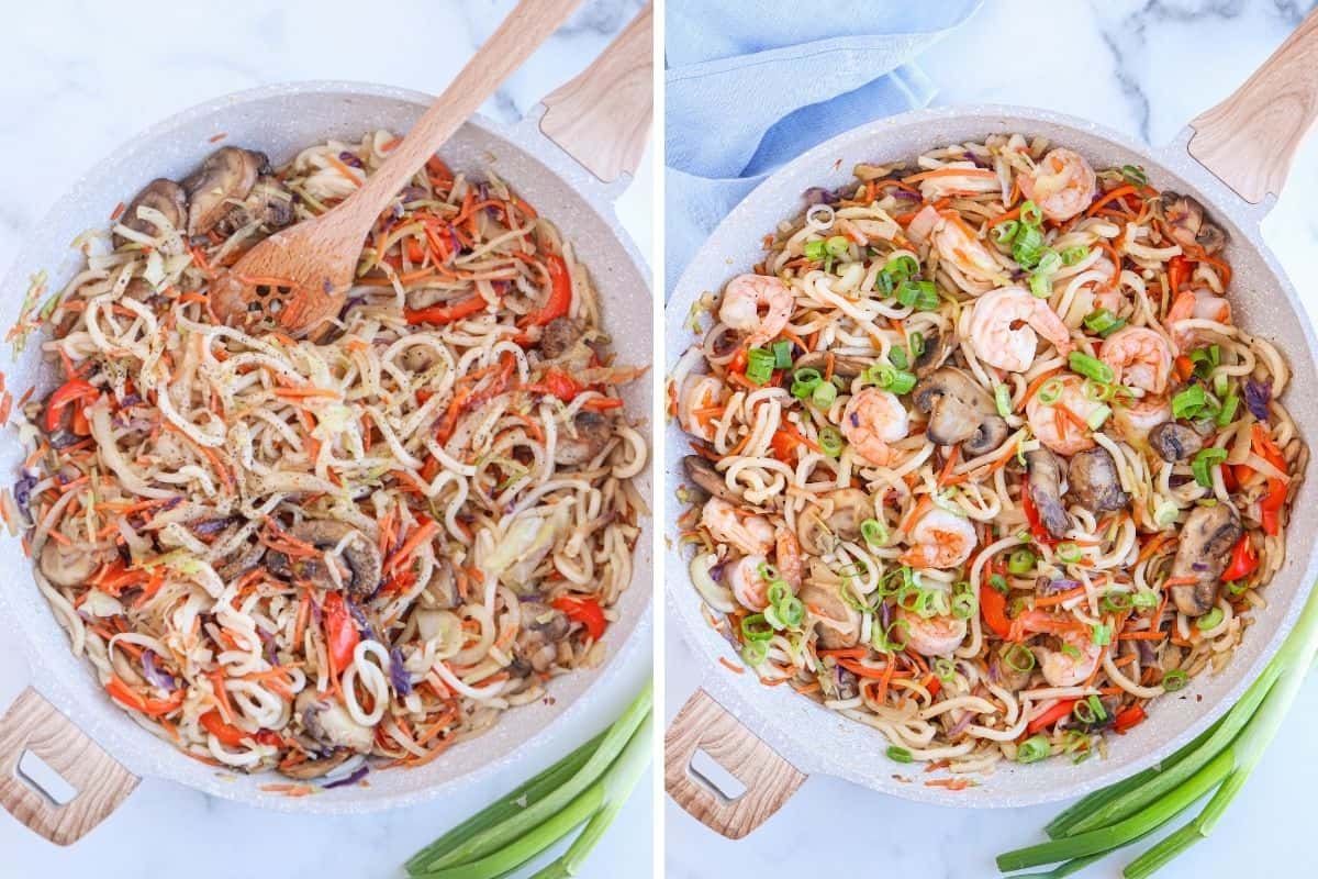steps of making udon noodle stir-fry with vegetables, shrimp and noodles in a large skillet.