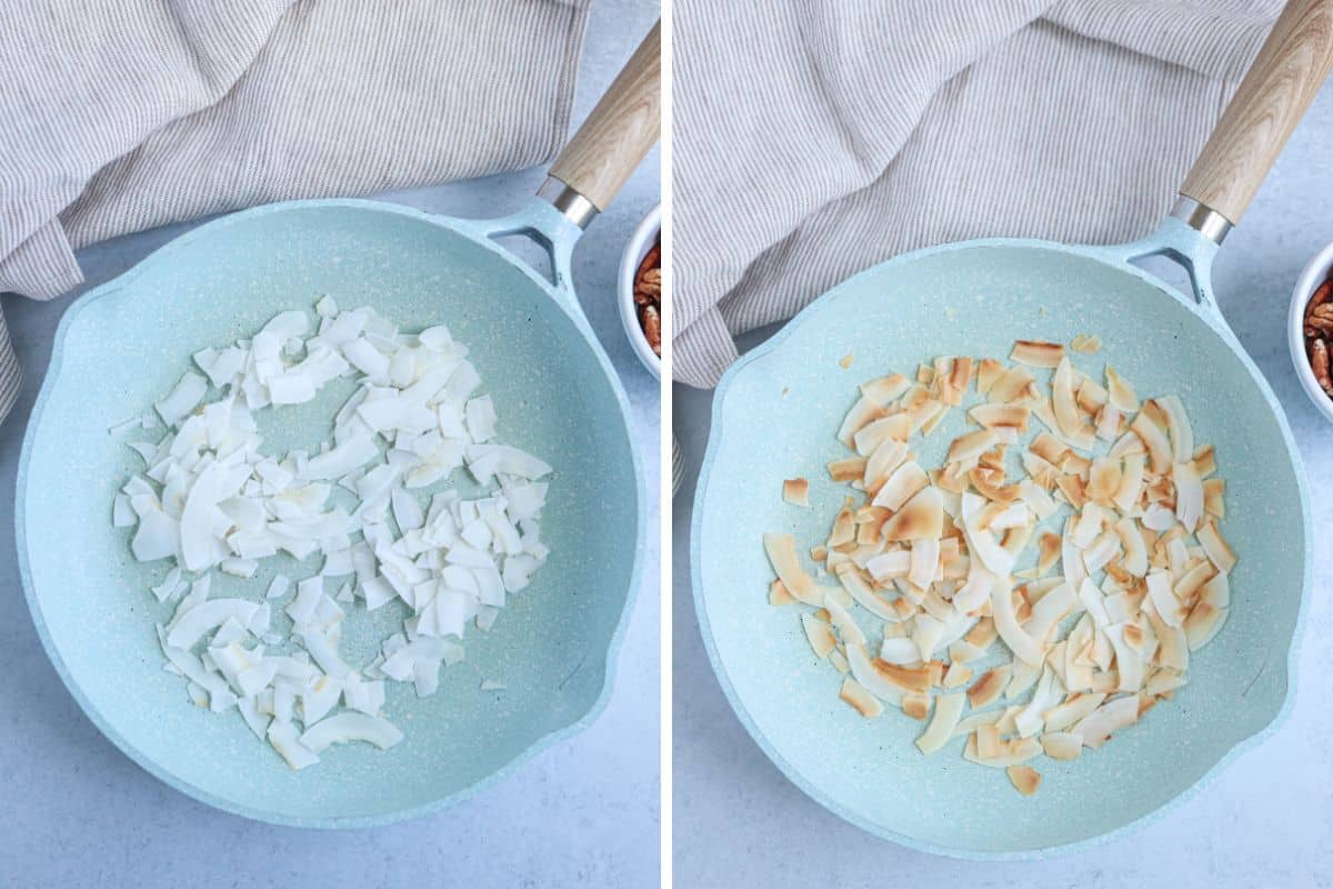 two side-by-side photos of toasting coconut chips in a light teal skillet.