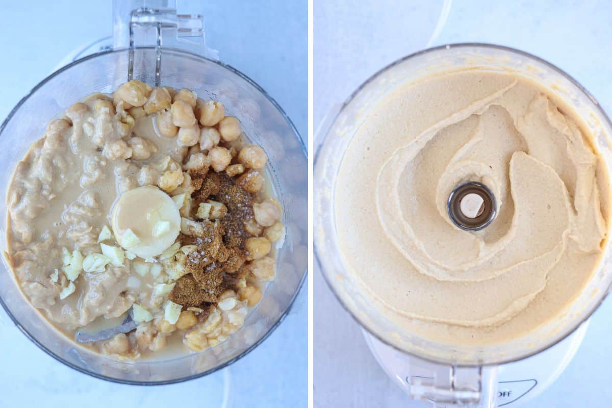 making hummus in a food processor, before and after blending shots.