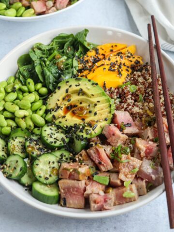 quinoa poke bowl with ahi tuna, edamame and avocado