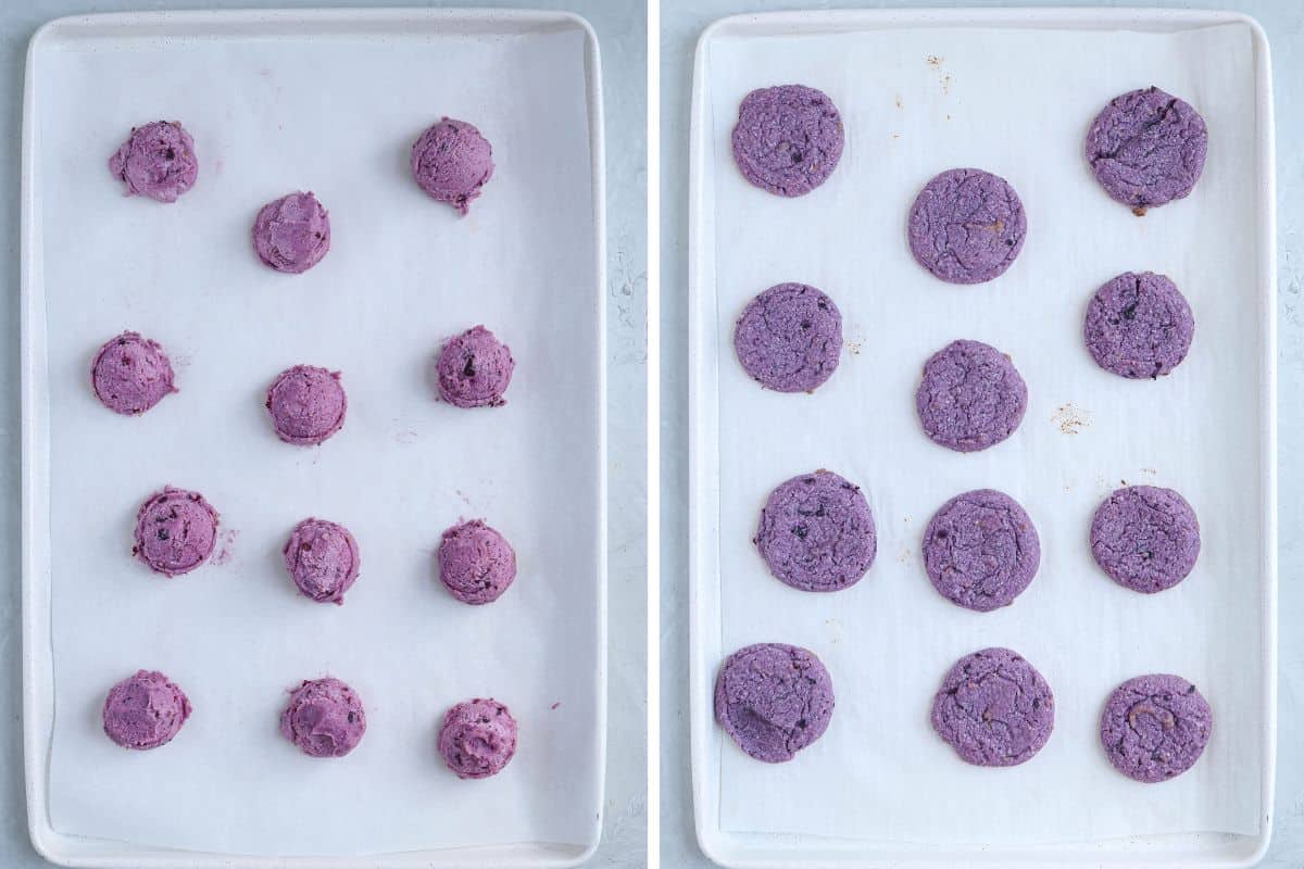 baking blueberry lemon cookies, before and after baking,