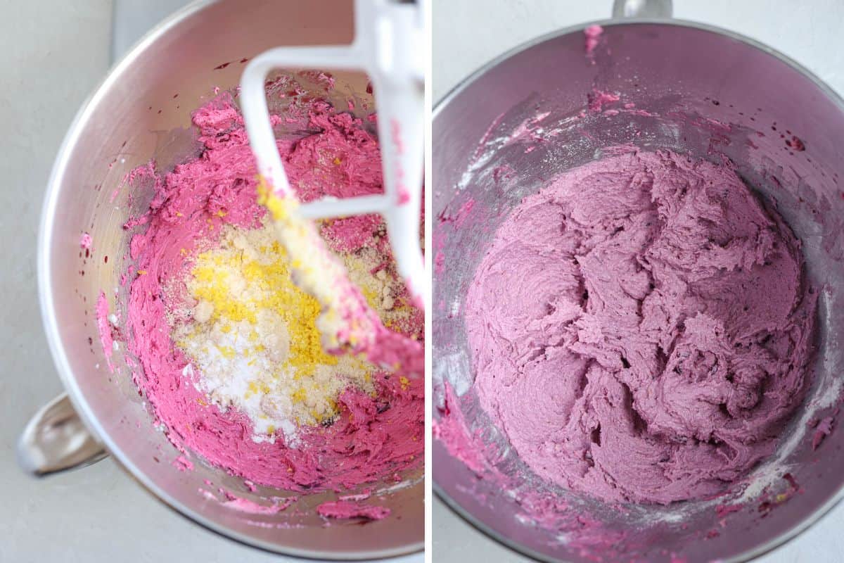 making blueberry cookie dough in the kitchenaid.