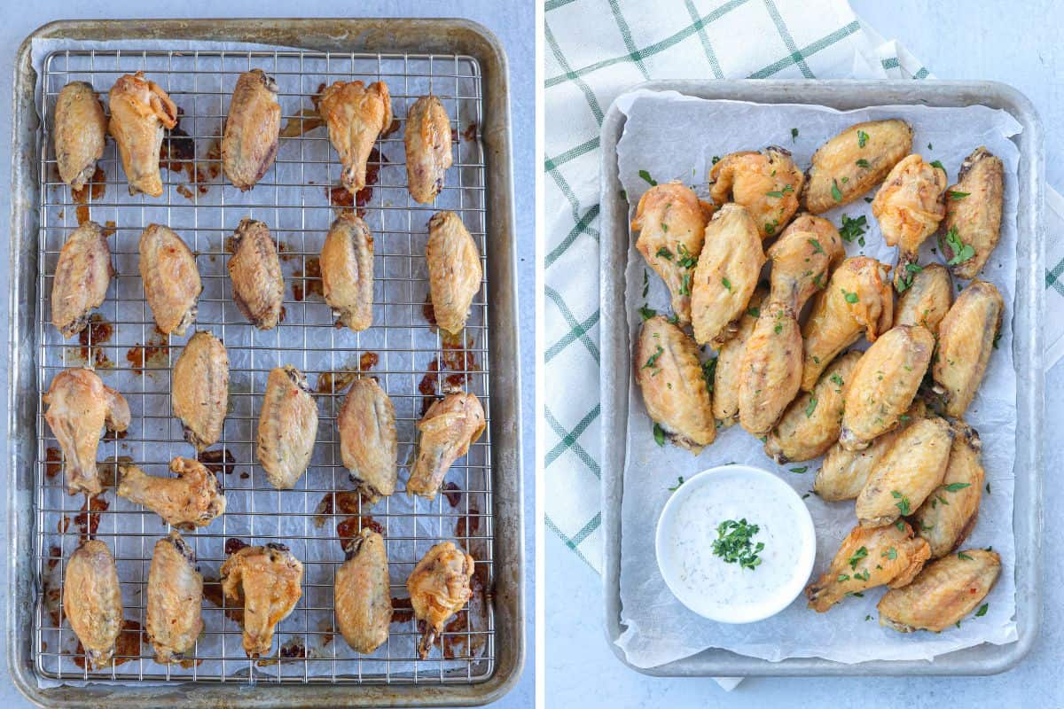 baked brined chicken wings on a baking sheet right after baking and plated with a side of ranch.