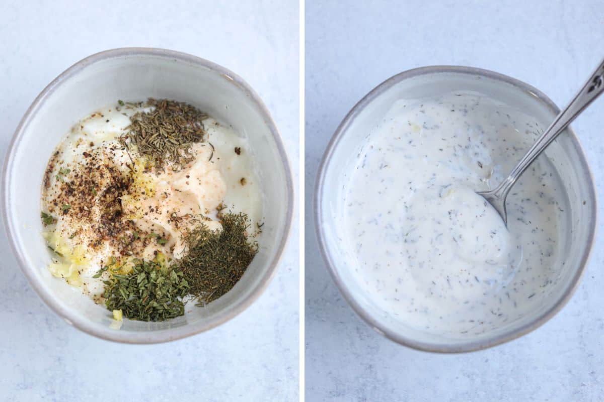 making homemade ranch dip in a small gray bowl.